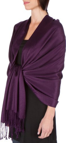 Sakkas stor mjuk silkeslen pashminasjal halsduk i enfärgade färger, Mörklila, one size