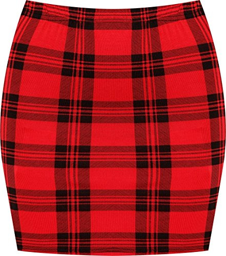 WearAll Womens Print Ladies Stretch Bodycon Elasticated Jersey Short Mini Skirt - Red Tartan - 12-14
