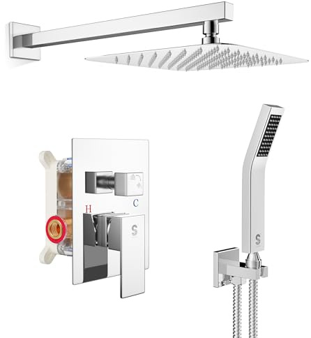 Bathroom Luxury Rain Mixer Shower Combo Set Wall Mounted Rainfall Shower Head System Polished Chrome(Contain Shower Faucet Rough-in Valve Body and Trim)