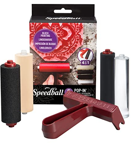 Speedball Pop-in 4-inch Brayer Foam, Hard Rubber and Acrylic, Paper, Black, Interchangeable Roller Kit