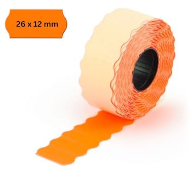 Pokornys | Etiquetas autoadhesivas para etiquetadoras | 9000 etiquetas para marcar precios, fecha de caducidad, número de artículos y mucho más | Color Naranja y borde ondulado 25x12 mm