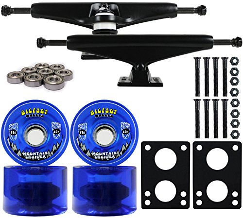 Longboard Skateboard Trucks Combo Set 76mm Bigfoot Cruisers Wheels with Black Trucks, Bearings, and Hardware Package (76mm Blue Wheels, 6.0 (8.63) Black Trucks)