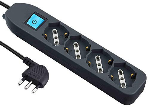 Electraline 62073 - Enrollacables domestico de 1,5 m, 4 tomas Schuko con interruptor, color negro