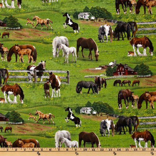 Farm Animals 2011 Horses Green, Fabric by the Yard