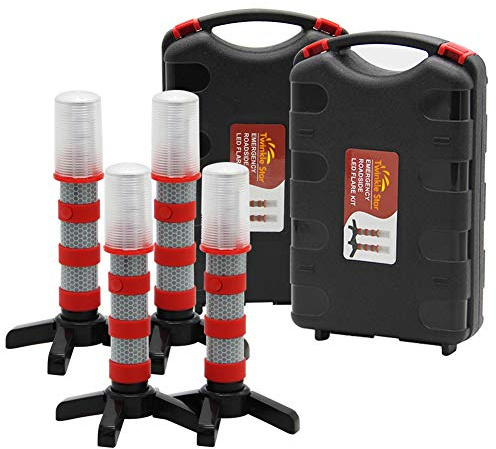 Twinkle Star Emergency Roadside Flares Kit LED Safety Strobe Road Warning Light Highway Beacon Alert Flare with Magnetic Base, Detachable Stand, Solid Storage Case (Set of 4)
