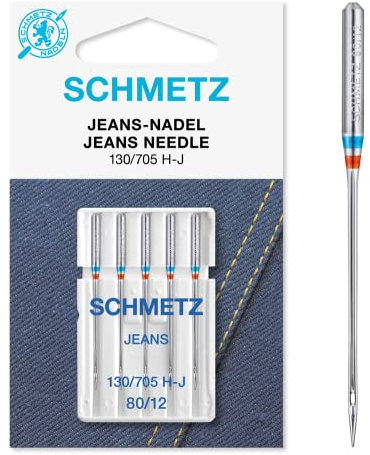 SCHMETZ | 5 Aiguilles pour machines à coudre | Jeans | 130/705 H-J | Grosseur 100/16 | Convient pour la couture de jeans et de tissus similaires