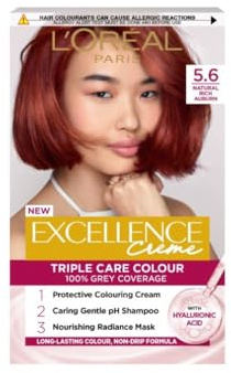 L'Oréal Paris Excellence Crème Permanent Hair Dye, Radiant At-Home Hair Colour with up to 100% Grey Coverage, Pro-Keratin, Up to 8 Weeks of Colour, Colour: 5.6 Natural Rich Auburn