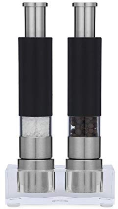 Grind Gourmet Salt and Pepper Grinder Set, Refillable, Pump & Grind, Thumb Press (Reflex Black Set)