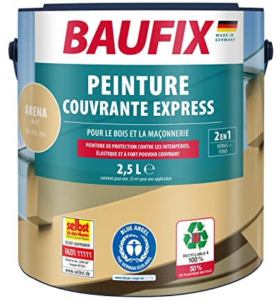 BAUFIX Express Deckfarbe sand, matt, 2.5 Liter, Wetterschutzfarbe, Holzfarbe, langlebig, geeignet für Holz/Putz/Mauerwerk/Möbel/Zäune