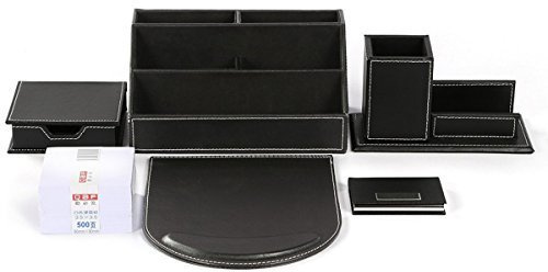 KINGFOM 6pcs Leder büro Schreibtisch Set - Inklusive Schreibtisch Organisator, Visitenkarten-Etui, Mauspad, Stifthalter mit Visitenkartenhalter, Zettelbox und 500 Seiten Memo Papier (T31-Schwarz)
