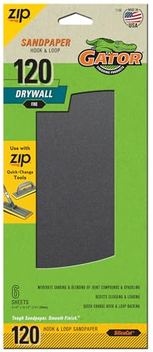 Gator 7158 Hook and Loop Fine 120-Grit Drywall Sheet Sandpaper, 4.5 x 10.5 Inch, 6 Sheets