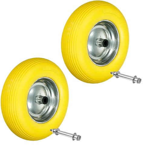ECD Germany 2 x Roue de Brouette 4.80/4.00-8 - en Caoutchouc Solide PU Increvable - avec Essieu Axe - Diamètre Roue 390 mm - Jaune - Roue de Secours Chariot de Transport - Capacité Charge 200 kg