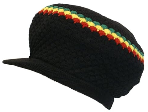 Shoe String King Herren Rasta Dread Knit Tam Hat - Dreadlocks Cap Gr. Einheitsgröße, Große runde schwarz/rot/gelb/grün, mit Krempe