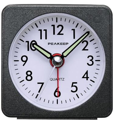 Peakeep Ultra Small, Battery Travel Alarm Clock with Snooze and Light, Silent with No Ticking Analog Quartz (Black)