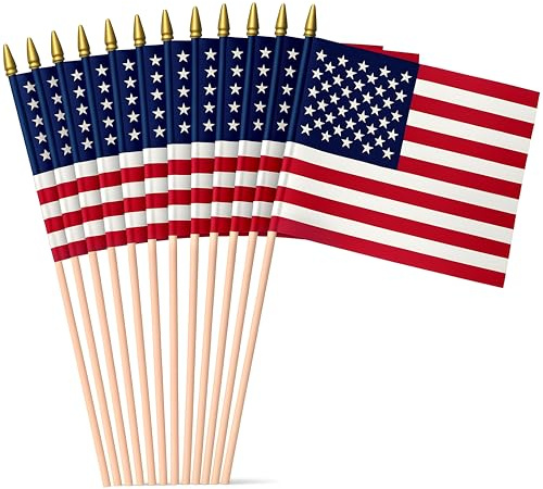 Super Tough American Mini Flags, 12x18 in, 2.5-ft Wooden Stick, 25 Pack