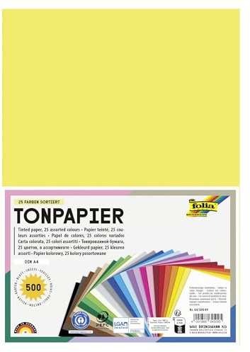 folia 64/500 09 - Tonpapier Mix, DIN A4, 130 g/m², 500 Blatt sortiert in 25 Farben, zum Basteln und kreativen Gestalten von Karten, Fensterbildern und für Scrapbooking