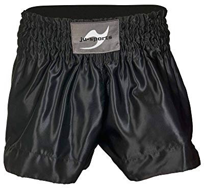 Ju-Sports Thaiboxhose Color Schwarz XXS I Thaibox Shorts im typischen Thai-Schnitt I 100% Polyester I Breiter Boxerbund & Zusatzschnürung I Auch für Kickboxen UVM.