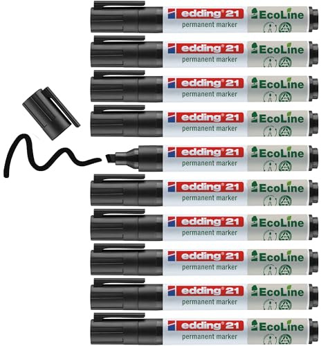 edding 21 Ecoline permanent marker – svart – låda med 10 – rund spets 1,5–3 mm – vattenfast, snabbtorkande, fläckfria pennor – för kartong, plast, glas, trä, metall och tyg – går att fylla på