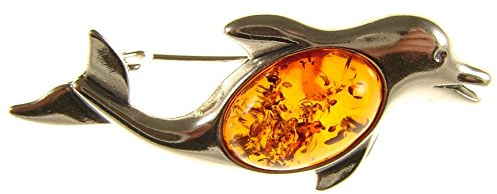 Baltic amber and sterling silver 925 cognac dolphin brooch pin