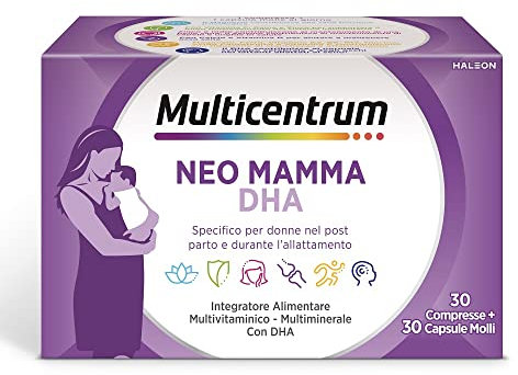 Multicentrum Neo Mamma DHA, Integratore Alimentare Multivitaminico e Multiminerale, fonte di vitamine che forniscono numerosi benefici per le neo mamme, 30 Compresse + 30 capsule molli