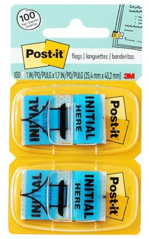 Post-it Standard Page Flags in Dispenser 1in Wide, Blue Initial Here 100 Flags, 680-IH2