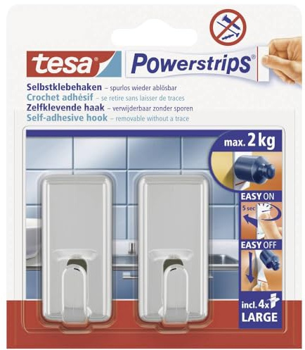 tesa Powerstrips Haken Large CLASSIC - Selbstklebender Wandhaken für Glas, Kacheln, Holz, Kunststoff und andere Untergründe - Chrom