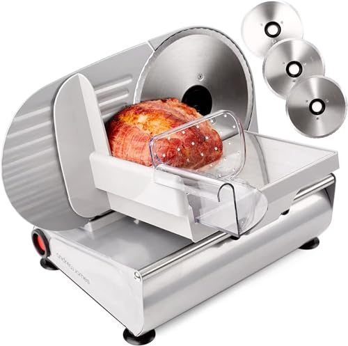 Andrew James Meat Deli Slicer Electric Cutter for Bread Meat Cheese & Other Food | 3 Interchangeable 19cm Blades | Plastic Pusher Blade Guard | Non-Slip Feet | 150W
