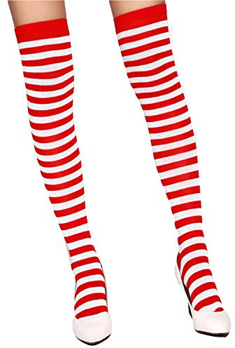 Krautwear® Damen Gestreifte Overknees Strümpfe Ringelstrümpfe Karneval Fasching Cosplay 80er Jahre (rot/weiss)