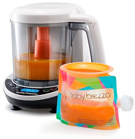Baby Brezza - Food Maker Deluxe - Dampfgarer und Mixer Blender - für selbstgemachte Babynahrung und Smoothies, inklusive 3 wiederverwendbaren Quetschbeuteln + 3 Einfülltrichtern