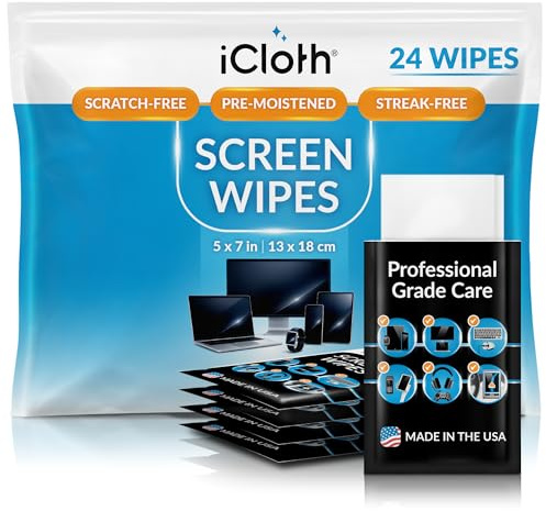 Screen Cleaner Wipes by iCloth – Individually Wrapped – Travel Size – Streak-Free (24 Large Wipes)