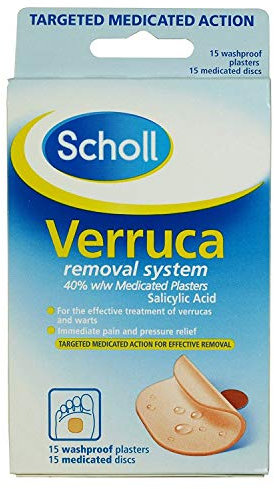 Scholl Verruca Removal System - 15 Washproof Plasters & Medicated Discs, with Salicylic Acid, Targeted Action for Effective Verucca Removal