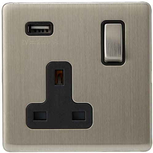 AET SLUSB1GBS Satin Chrome Flat 1 Gang Charging Port Black Insert Metal Rocker Switch-13 Amp Single Screwless Plug Socket & USB Power Outlet