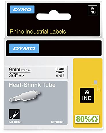 DYMO Rhino Industrial Heat-Shrink Cable Label Tubes | 9 mm x 1.5 m | Black Print on White | for Rhino Label Makers