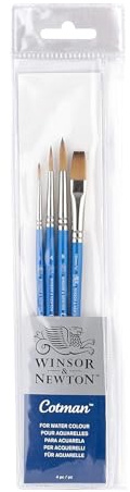 Winsor & Newton, Cotman akvarell syntetiska borstar, kort handtag, förpackning med 4 (1,4 och 6 runda och 10 mm ett) | Syntetiskt, kort handtag, nickelpläterad mässingshylsa; rund 1, 4 och 6, ett 1 cm