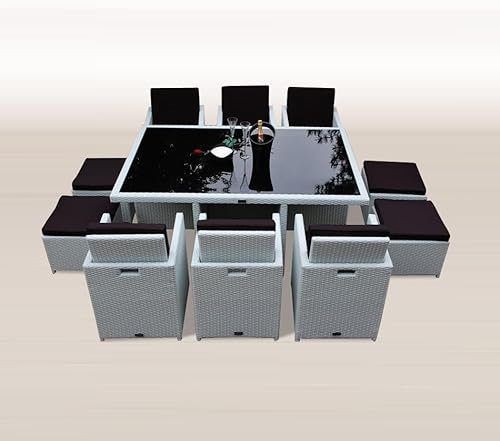 Ragnarök-Möbeldesign Gartenmöbel PolyRattan Essgruppe Tisch 6 Stühle & 4 Hocker DEUTSCHE Marke - EIGNENE Produktion Garten Möbel incl. Glas und Sitzkissen WEIß