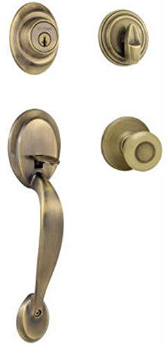 Kwikset Dakota Front Door Lock Handle and Deadbolt Set, Entry Handleset Exterior with Interior Door Knob, Antique Brass, Pick Resistant SmartKey Rekey Deadbolt Security