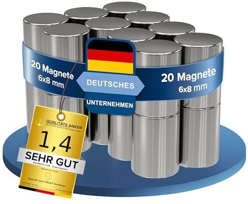 20 x Cilindros magnéticos de neodimio | Imán/Imanes | Diámetro Ø 6 mm, longitud 8 mm | niquelados (NiCuNi) | Fuerza de sujeción (fza. sujec.): aprox~ 1.1 kg | 20 uds. Cilindro magnético