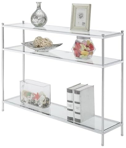 Convenience Concepts Royal Crest Glass Console Hall Table 42 - 3 Tier Modern, Contemporary Narrow Display Accent with Storage Shelves for Living Room, Entryway, Hallway, & Bedroom, Chrome