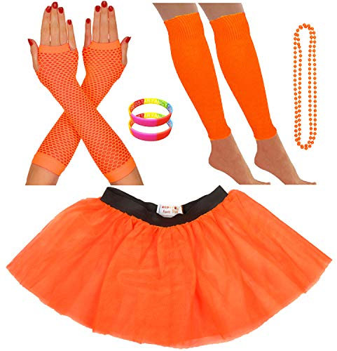 REDSTAR FANCY DRESS® Neon Tutu Skirt Leg Warmers Fishnet Gloves Necklace Beads and Neon Wrist Beads (14-22 UK, Orange)
