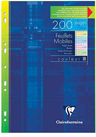 Clairefontaine 175112C Ringbucheinlagen Packung (mit 100 , DIN A4, 21 x 29,7 cm, kariert, 90g, ideal für die Schule, in 4 Farben sortiert)