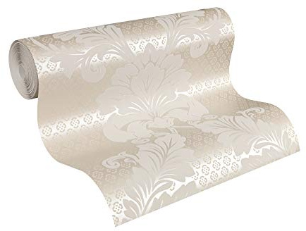 Architects Paper 305441 30544-1 Flocked Non-Woven Wallpaper with Ornaments Baroque 10.05 m x 0.52 m Cream Metallic Made in Germany