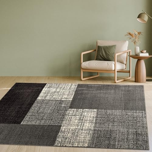 Paco Home Designer Teppich Modern Kariert Kurzflor Design Meliert In Grau Creme Braun, Grösse:140x200 cm