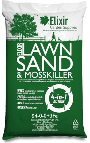 Elixir Gardens Lawn Sand & Moss Killer Treatment | Turf Green Up with Iron Sulphate | 4-0-0+3Fe | 10kg Bag | Treats 125 sq. meters