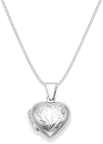 925 Sterling Silver Children's Heart Locket Necklace with flower on 15 Silver chain - opening locket - Size: 15mm x 13mm. Gift boxed B43/8020/15
