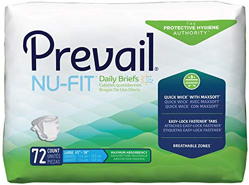 Prevail Nu-Fit Incontinence Briefs, Unisex Disposable Adult Diapers with Tabs for Men & Women, Maximum Absorbency, Large, 72 Count (4 Packs of 18)