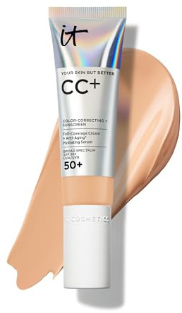 IT Cosmetics CC+ Cream (Medium) - Natural Full Coverage Foundation With SPF 50+, Color Corrector & Anti-Aging Hydrating Serum, Hyaluronic Acid + Peptides, Lightweight - 1.08 fl oz