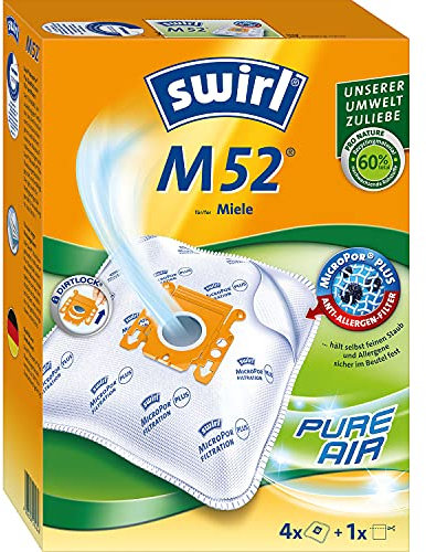 Swirl M 52 EcoPor Staubsaugerbeutel (4 Beutel), reißfeste Staubbeutel für einige Miele Staubsauger mit Beutel, 99,9 % Filterung von Hausstaub & allergenem Feinstaub, Weiß