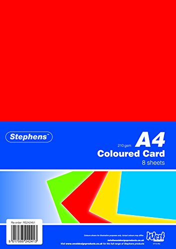 Stephens Card Coloured Assorted 4 Colours A4 210gsm 8 Sheets, For Art, Craft, Drawing, Sketching, Home, School, University, Colouring