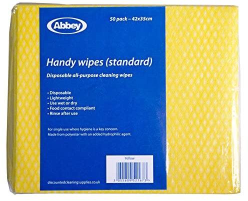 Abbey Pack of 50 Disposable J Cloths Non Woven Wipes – All Purpose Yellow Cleaning Cloths – Jay Cloth to Clean Surfaces, Bathroom, Windows, Dish Cloth –Kitchen Cloth 42 x 35cm (Yellow)