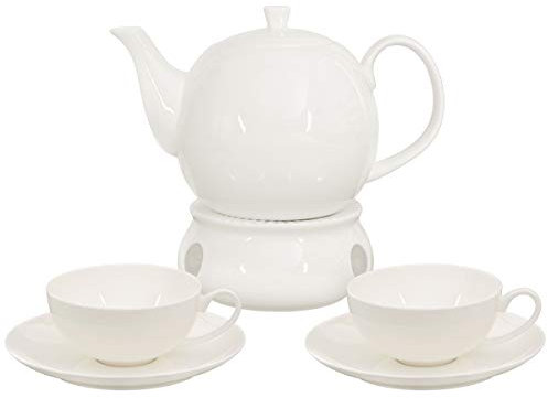 Buchensee Tee-Set / 6-teiliges Tee-Set, Teekanne 1,5 Liter mit 150ml Teetasse, Untertasse und Stövchen, Fine Bone China, Aricola®